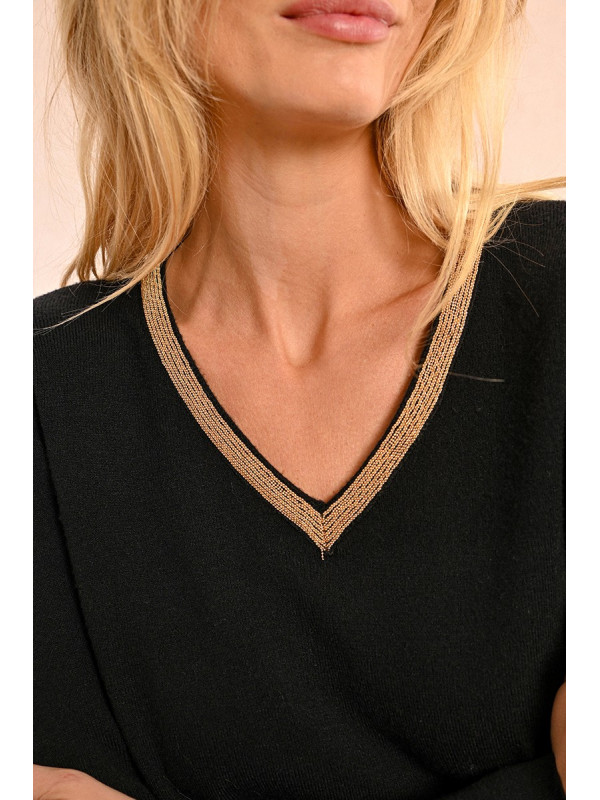 Pull col V gansé chaînettes dorées manches longues