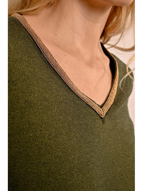 Pull col V gansé chaînettes dorées manches longues