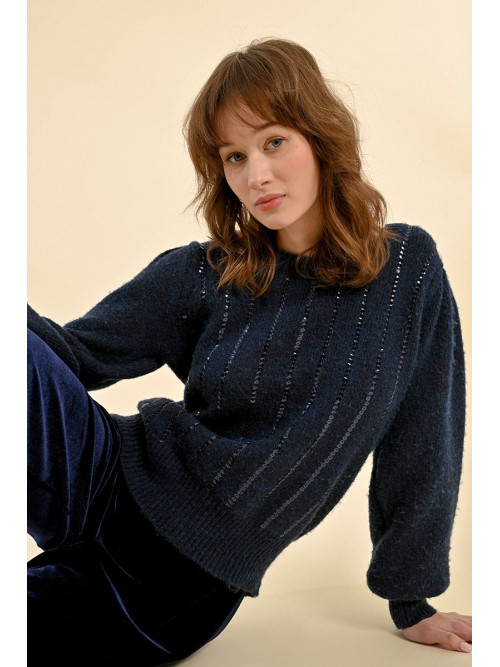Pull avec sequins col rond manches longues