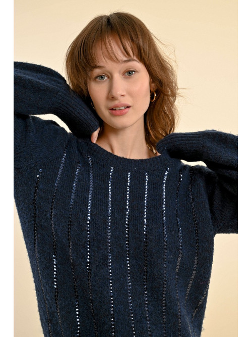 Pull avec sequins col rond manches longues