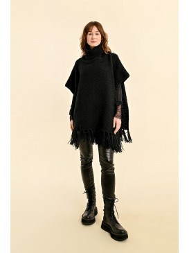 Poncho long frangé col roulé