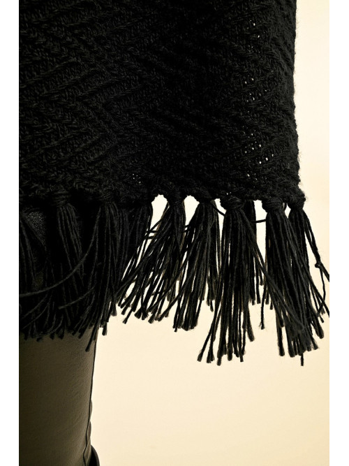 Poncho long frangé col roulé