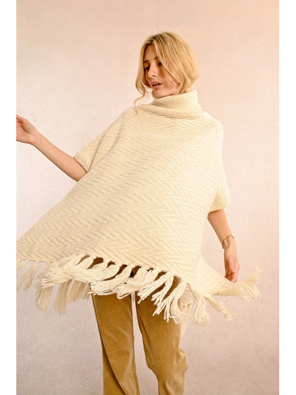 Poncho long frangé col roulé