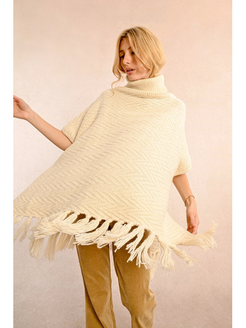 Poncho long frangé col roulé