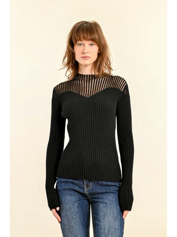 Pull fines côtes plastron résille manches longues