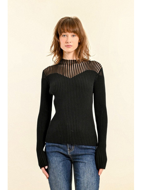 Pull fines côtes plastron résille manches longues