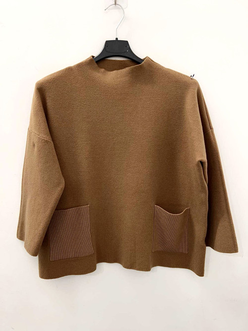 Pull crop col montant manche au coude et 2 poches devant