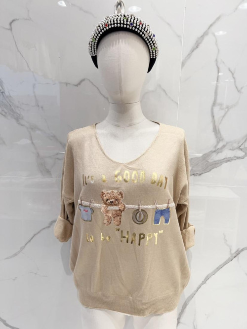 Pull fin col V manches longues motif nounours