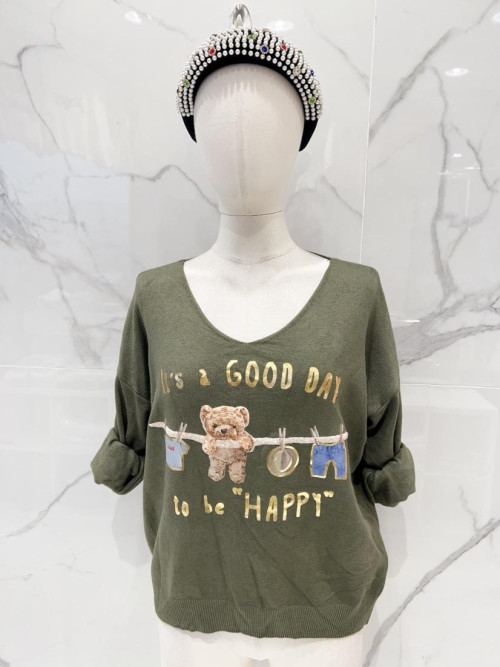 Pull fin col V manches longues motif nounours
