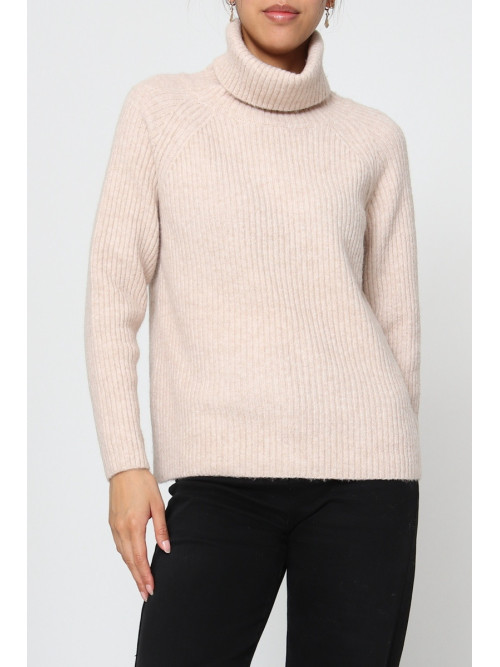 Pull col roulé côtelé manches longues