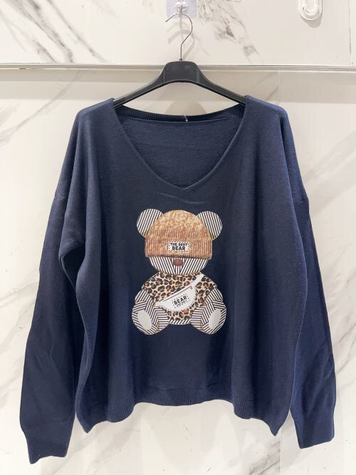 Pull fin col V manches longues motif BEAR