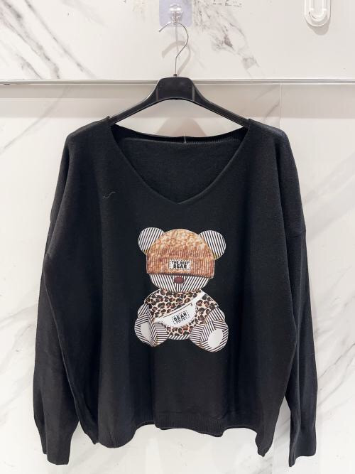 Pull fin col V manches longues motif BEAR