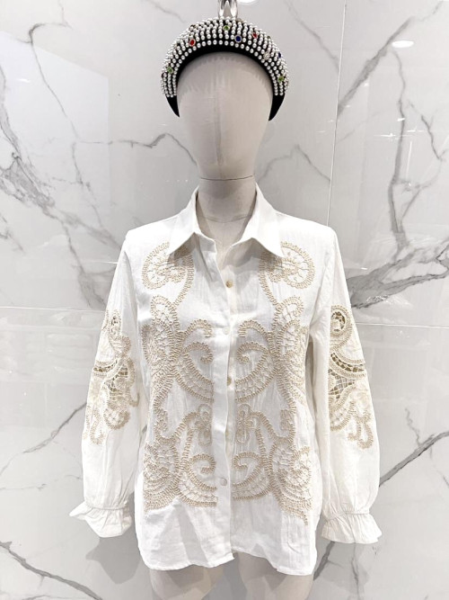 Chemise buste brodé et manches longues brodées ajourées