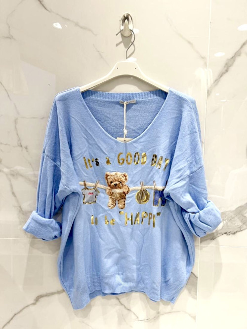 Pull fin col V manches longues motif nounours