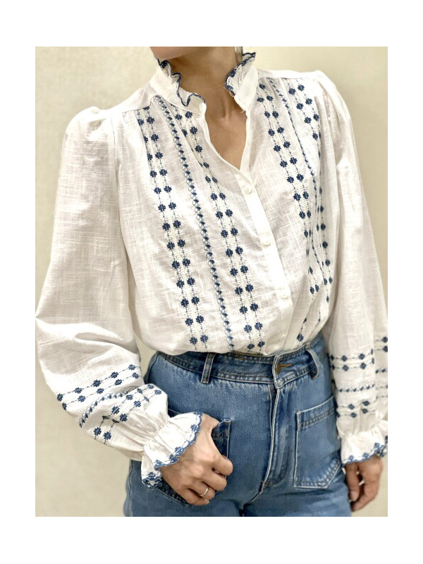 Chemise brodée manches longues col frou-frou