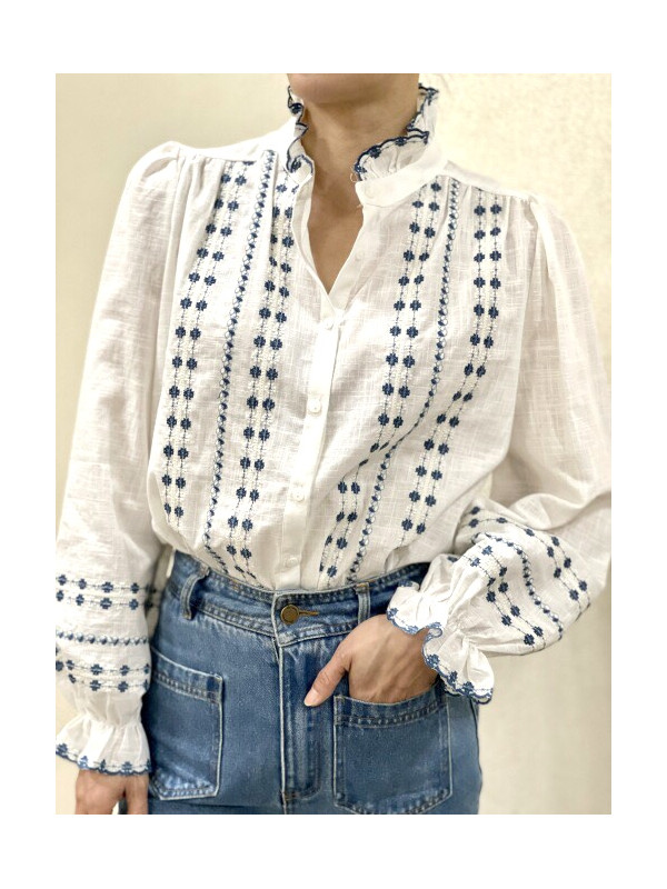Chemise brodée manches longues col frou-frou