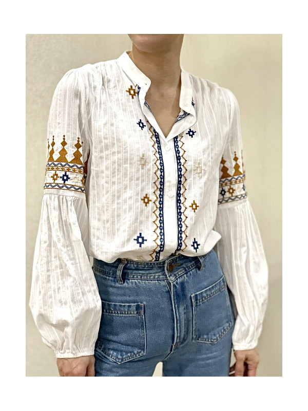 Chemise manches longues col officier broderies éthniques