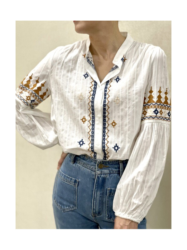 Chemise manches longues col officier broderies éthniques