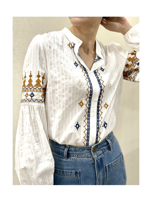 Chemise manches longues col officier broderies éthniques