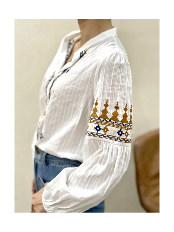 Chemise manches longues col officier broderies éthniques