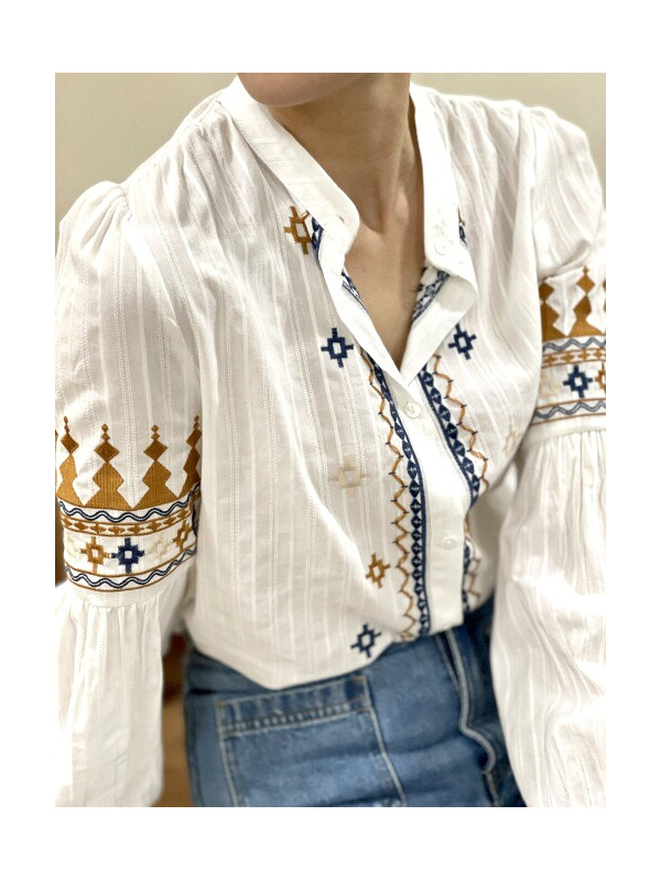 Chemise manches longues col officier broderies éthniques