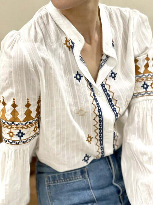 Chemise manches longues col officier broderies éthniques