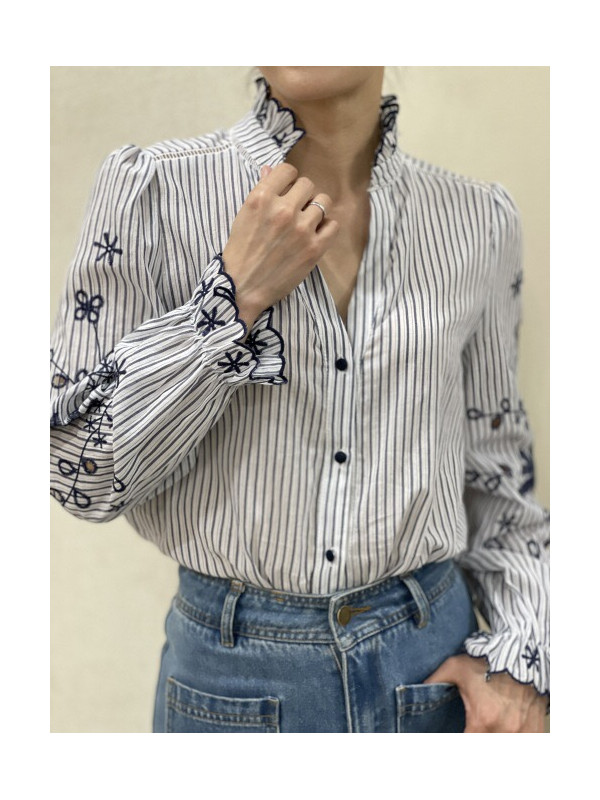 Chemise rayée manches longues brodées