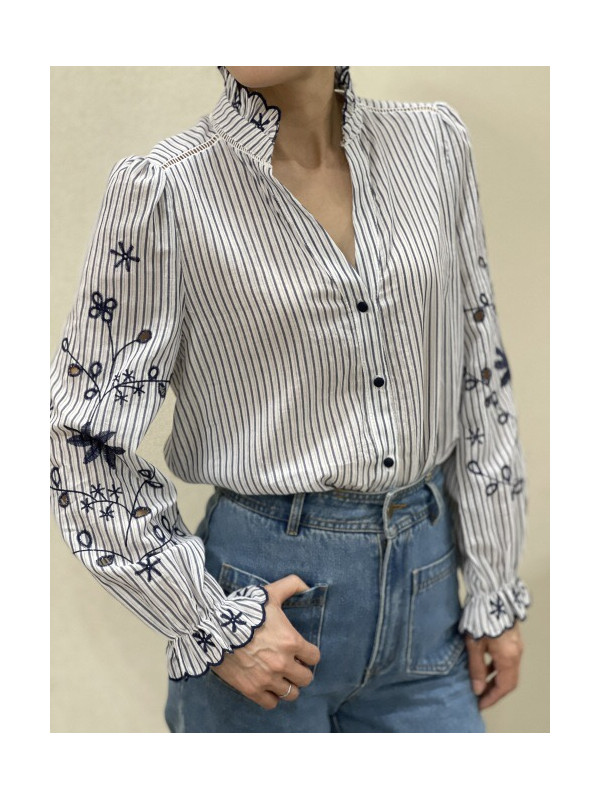 Chemise rayée manches longues brodées