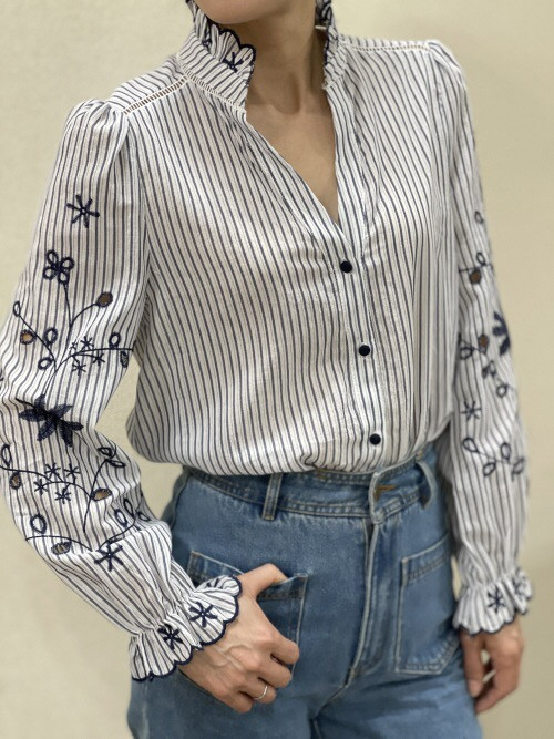 Chemise rayée manches longues brodées