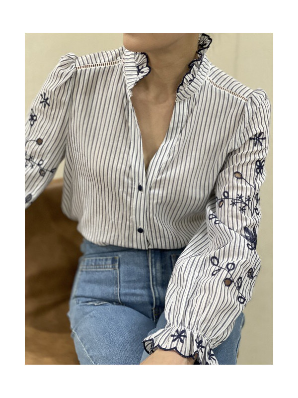 Chemise rayée manches longues brodées