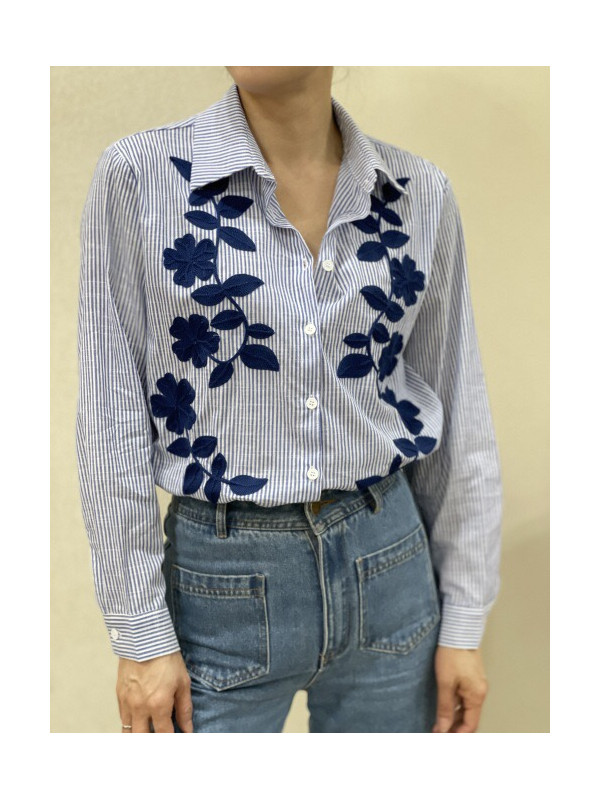 Chemise rayée manches longues fleurs brodées poitrine