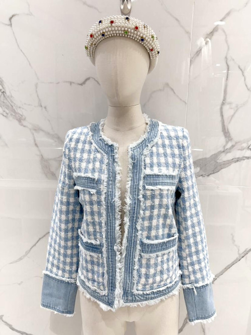 Veste tweed col rond manches longues ganse en jean