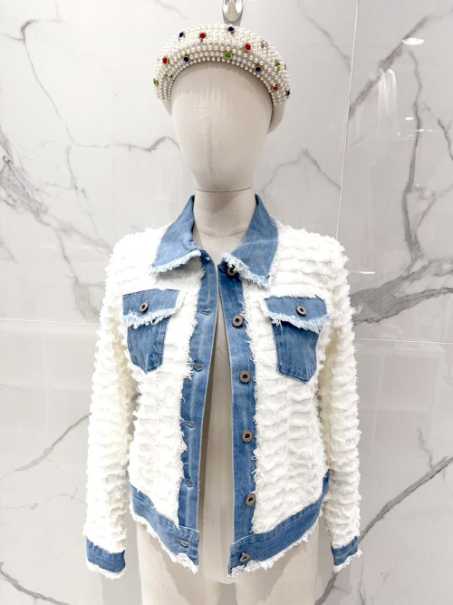 Veste tweed col chemise manches longues parements en jean