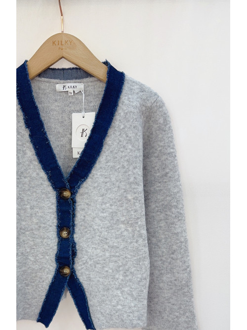 Gilet col V manches longues bordé jean brut