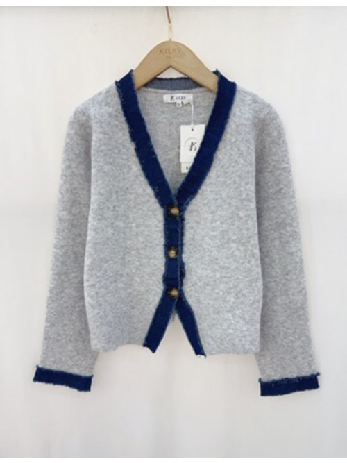 Gilet col V manches longues bordé jean brut
