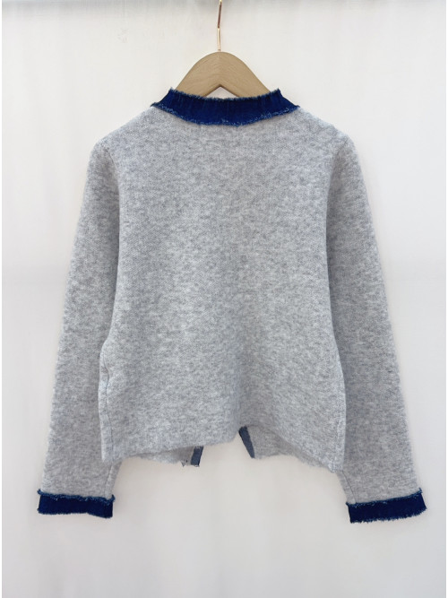 Gilet col V manches longues bordé jean brut