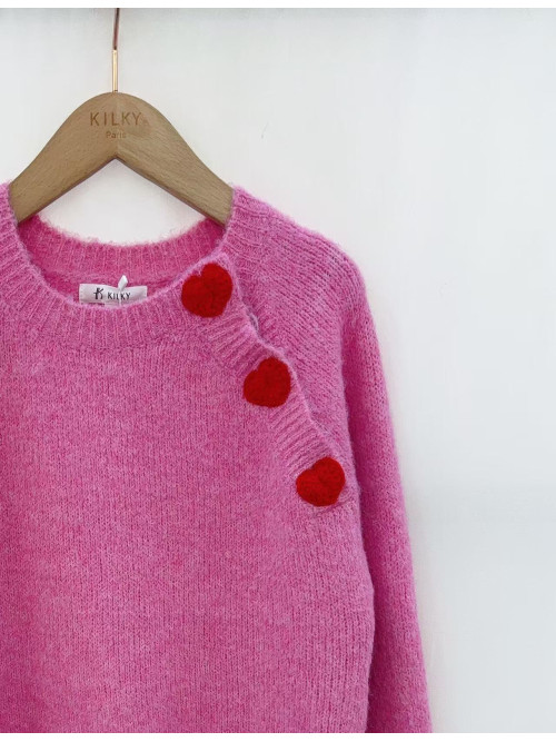 Pull col rond manches longues avec cœurs rouge en crochet