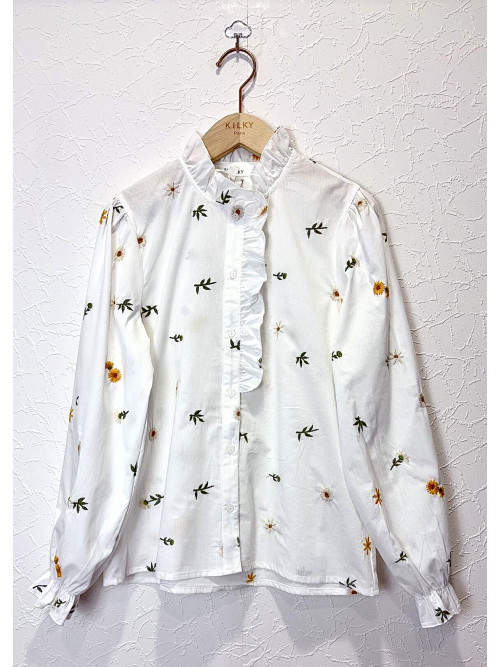 Chemise fleurs brodées col frou-frou manches longues