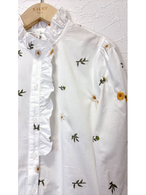 Chemise fleurs brodées col frou-frou manches longues