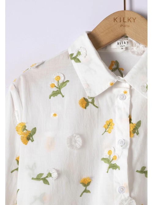 Chemise fleurs brodées et reliefées manches longues