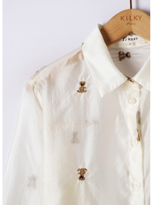 Chemise brodée oursons voile transparent manches longues