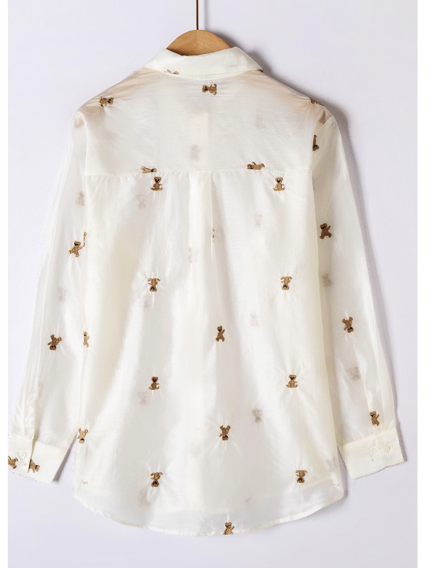 Chemise brodée oursons voile transparent manches longues