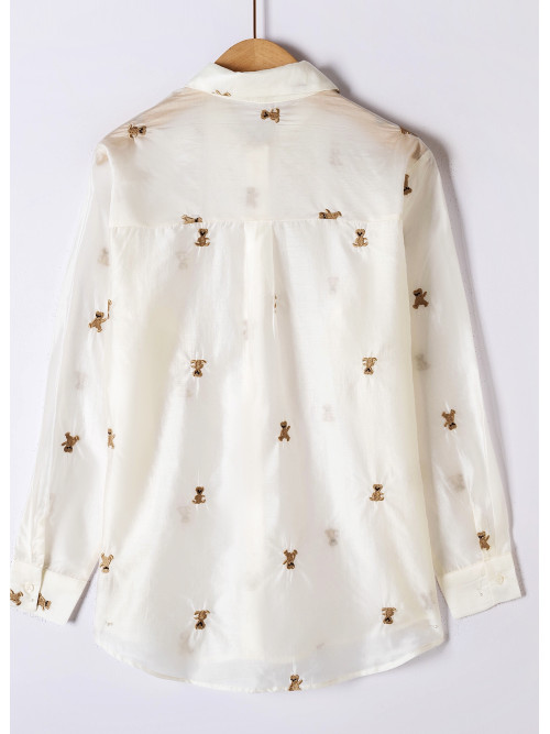 Chemise brodée oursons voile transparent manches longues