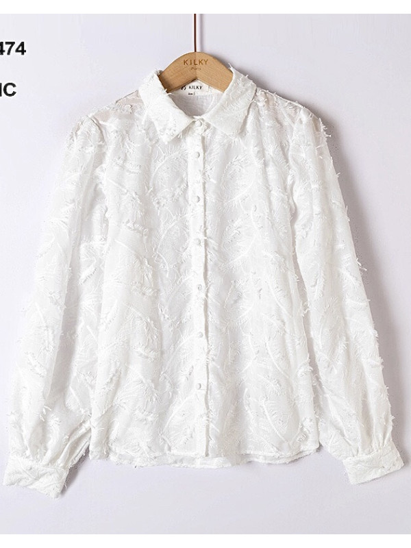 Chemise brodée plumes en relief manches longues