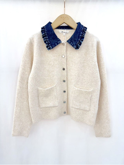 Gilet maille col claudine en jean manches longues