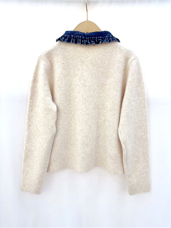 Gilet maille col claudine en jean manches longues