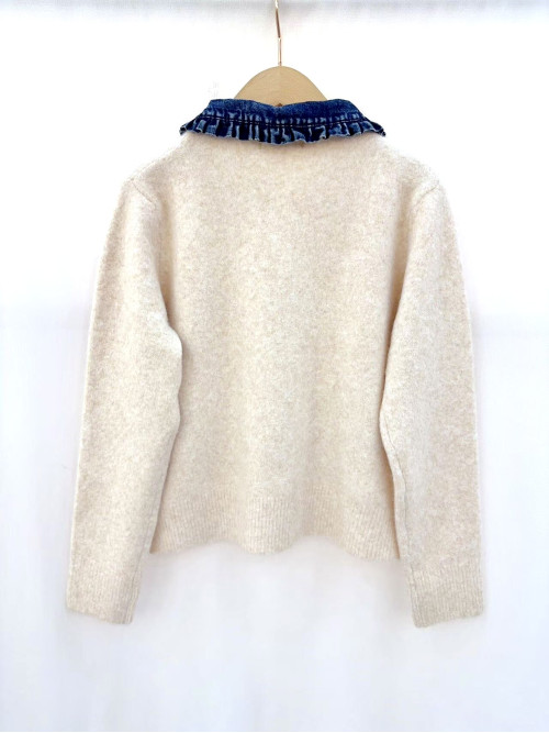 Gilet maille col claudine en jean manches longues