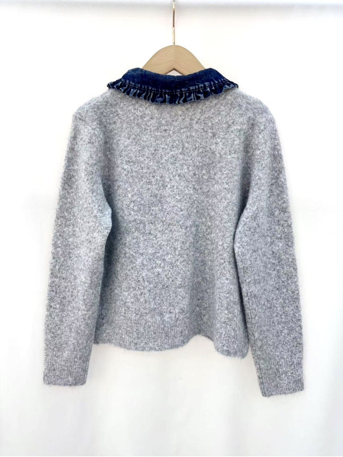 Gilet maille col claudine en jean manches longues