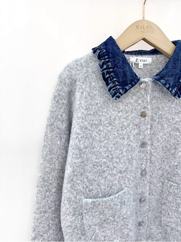Gilet maille col claudine en jean manches longues