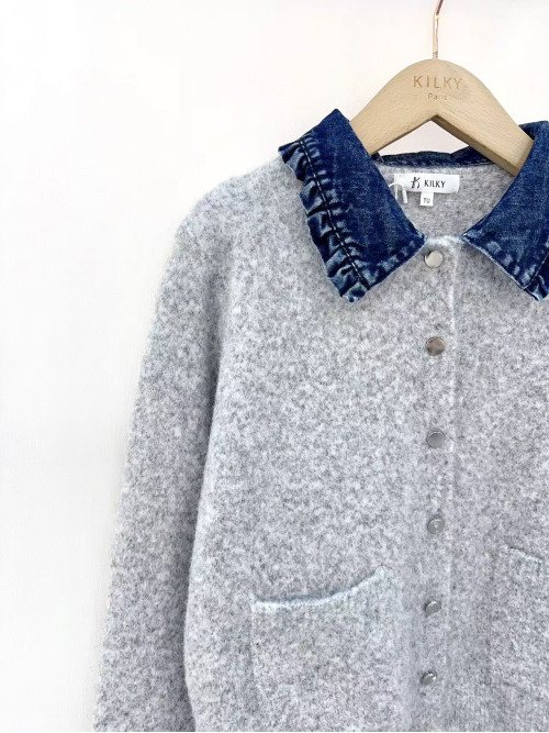 Gilet maille col claudine en jean manches longues